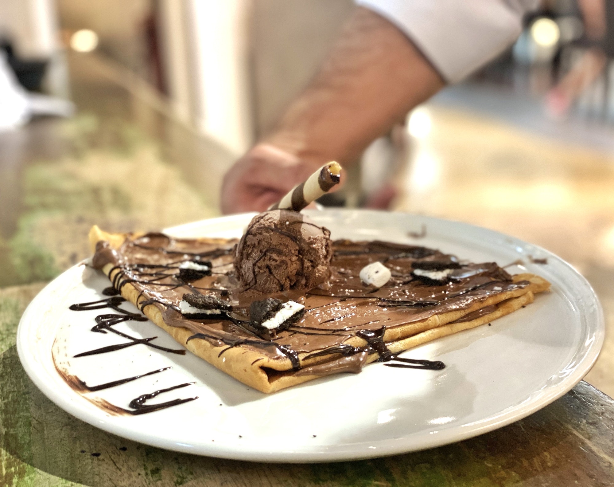 Chocolate crepe on a plate